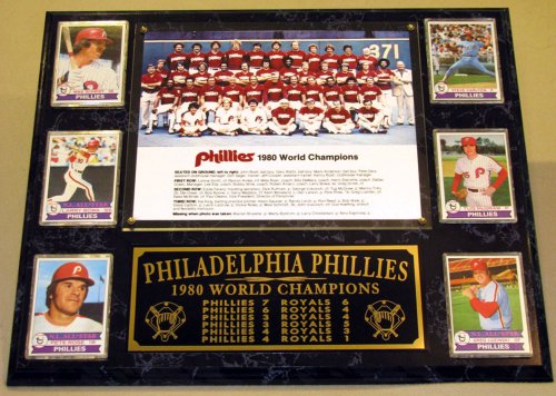 PHILADELPHIA PHILLIES 1980 WORLD SERIES CHAMPIONS XL PLAQUE WITH 6 VINTAGE TOPPS CARDS