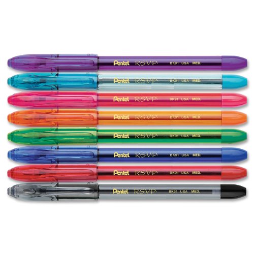 Pentel R.S.V.P. Ballpoint Pen, Medium Point, Assorted Ink Colors, 8 Pack (BK91CRBP8M)