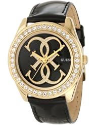 GUESS Womens U0208L2 Dazzling Iconic Logo Black & Gold-Tone Watch