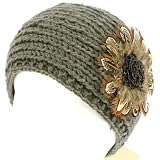 Real Feathers Sequins Adjustable Hand Knit Handmade Headwrap Headband Ski Gray