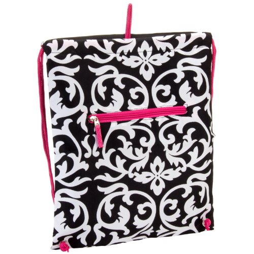 15" Women's Damask Sling Sack Backpack Bag (Black/White w/ Pink Trim)