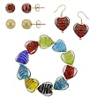 Hand-Blown Multi-Colored Striped Heart Bead and 18k Gold Overlay Sterling Silver Bead Bracelet & Three Earrings Set, 7.5"