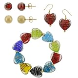 18k Yellow Gold Plated Sterling Silver Hand-Blown Multi-Colored Striped Heart Bracelet and Earrings...
