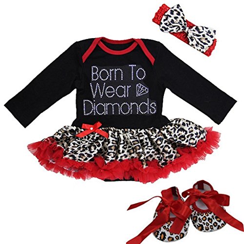 Baby Leopard Red Rhinestone Born to Wear Diamonds Bodysuit Tutu Crib Shoes