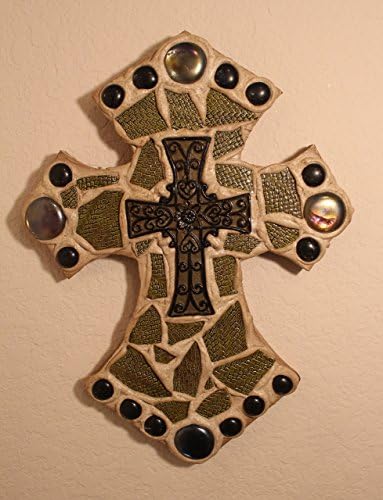 Collectible Decorative Mosaic Wall Cross, Item # S-705, 14.5 in. x 11 in., Olive Green and Black color, Handmade
