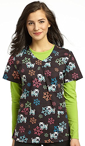 White Cross V-Neck Scrub Top-Joyful Pug,M