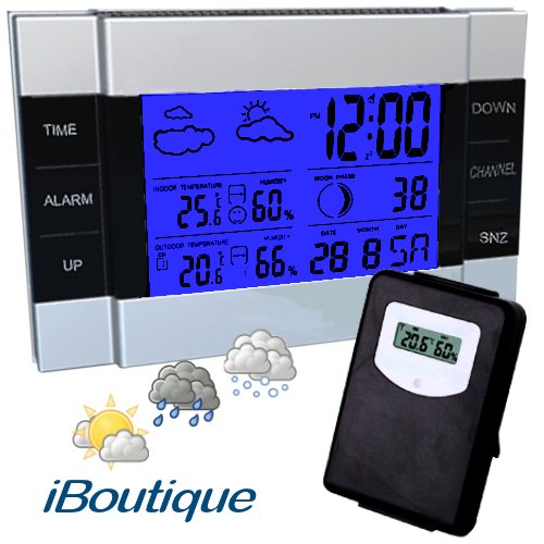 iBoutique Premium Wireless Weather Station with Backlight & Snooze Function, Indoor & Outdoor Temperature, Indoor & Outdoor Humidity Sensors, Moon Phase, Clock, Alarm Display etc.