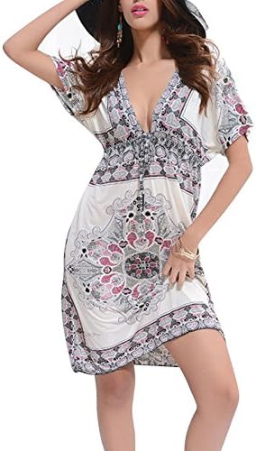 Duolaniu Womens Deep V-neck Bohemian Summer Beach Dress Size M White