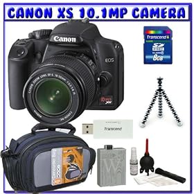 Canon Digital Rebel XS 10.1MP Digital SLR Camera (Black) + Canon EF-S 18-55mm IS Lens + Spare LP-E5 Battery + Transcend TS4GSDHC6 4GB SDHC6 Memory Card W/ Card Reader + Samsonite Digital Camera Gadget Bag (Black)