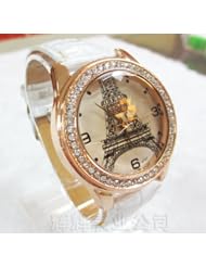 New Hot Belt Eiffel Tower Diamond Surface Quartz Wrist Watch Lady Woman Girl(white）