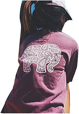 Women Long Sleeve Crew Neck Cotton Shirt Elephant Print Pocket Top (Tag L=US8, Purple)