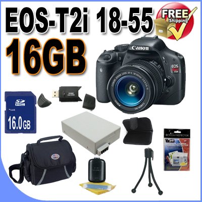 Canon EOS Rebel T2i 18 MP CMOS APS-C Digital SLR Camera with 3.0-Inch LCD and EF-S 18-55mm f/3.5-5.6 IS Lens W/ 16GB Accessory Saver Kit