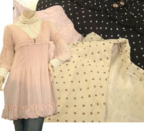 ７分丈袖のシフォン水玉ワンピース　レディース　チュニック　可愛い