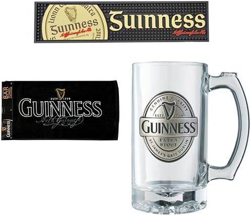 Guinness Barware Pack - Gaelic Bar Mat, Signature Bar Towel &amp; Guinness Label Tankard Pewter Log