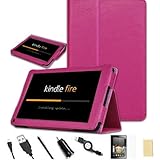 Fintie® (Dark Pink) PU Leather Folio Case Cover Value Package with Free Screen Protector/Stylus/USB cable/Car charger for Amazon Kindle Fire Tablet