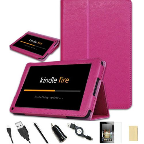 Fintie® (Dark Pink) PU Leather Folio Case Cover Value Package with Free Screen Protector/Stylus/USB cable/Car charger for Amazon Kindle Fire Tablet