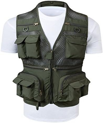 Men's 16 Pockets Mesh Breathable Fly Fishing Photographer Vest Army Green US XS