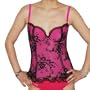 Womens Secret sexy fully reversible lace corset with underwired bust cups and floral lace adorning bra and lace trim. Hook in back and magnificent coreset also features adjustable straps and removable garters. Great to wear for an ultra sexy look. - Size: 34 / C