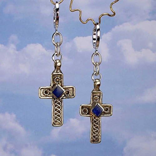 LAPIS LAZULI CROSS - Nepal Nickel Silver Cross Earrings with Locking Leverback Hoops