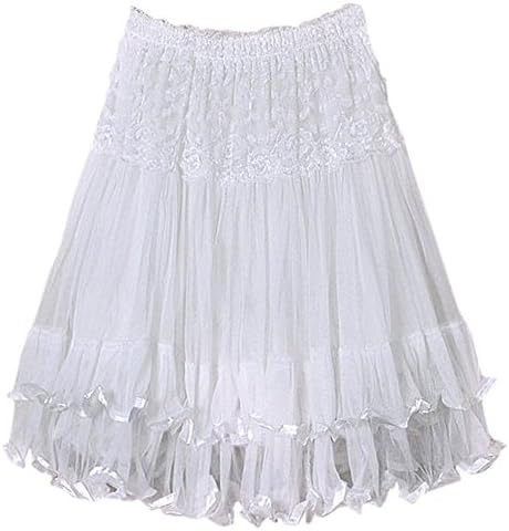 Taoko Womens Retro Boho Lace Gauze Double Layer Elastic Waist Pleat Maxi Skirt Dress (Short, White)
