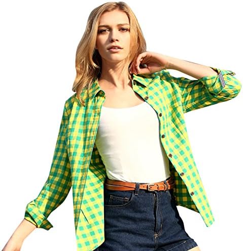 Veri Gude Women's British Style Long Sleeve Plaid Blouse Medium Yellow Green