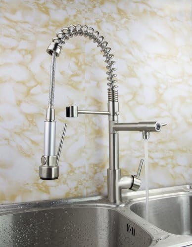 VINES (TM) Contemporary Kitchen Sink Faucet Single Handle Solid Brass Spring Pull Down Multifunctional Two Spouts Brushed Nickel