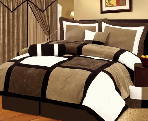 7 Pieces Black, Brown, and White Suede Patchwork Comforter Size 90x92 Bedding Set / Bed-in-a-bag Queen Machine Washable