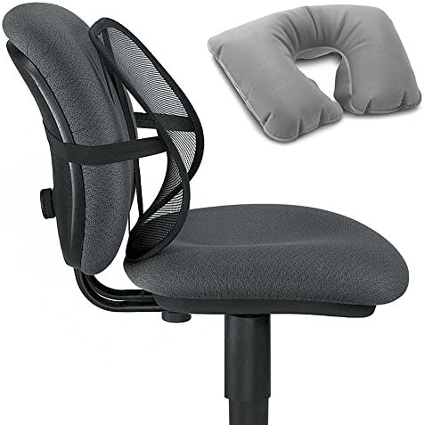 Lumbar Mesh Back Support to Relieve Stress on Spine Plus Inflatable Travel Pillow for Head and Neck