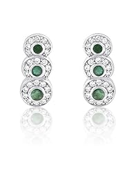 14K White Gold Triple Bezel Set Round Emerald and Diamond Simple Dangle Earrings
