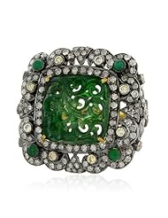 Diamond Pave Emerald & Jade Carved Ring 18kt Yellow Gold and Silver Handmade Jewelry