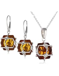 Baltic Honey Amber, Sterling Silver, Crystals Designer Leverback Cubical Earrings and Cage Pendant Necklace Set, 18"