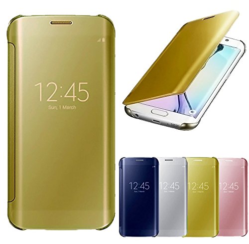 Galaxy S7 Edge Case, Acessor-Z Fashion Luxury Glossy Mirror Clear View Smart Date/Time Premium [Hyperbolic Mirror] PC Wallet Flip Case Cover for Samsung Galaxy S7 Edge (Golden)