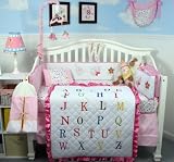 New Boutique Girl Alphabet Baby Crib Nursery Bedding Set 13 pcs included Diaper Bag with Changing Pad & Bottle Case