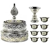 TIBETAN BUDDHIST ALTAR SET w/ OFFERING MANDALA ~ 7 Water Offering Bowls w/ Butter Lamp & Offering Mandala ~ Includes Practice Manual ~ White Metal