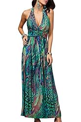 V-neck Summer Floral Print Tropical Print Polyester Halter Floor Length Backless Maxi Dress 