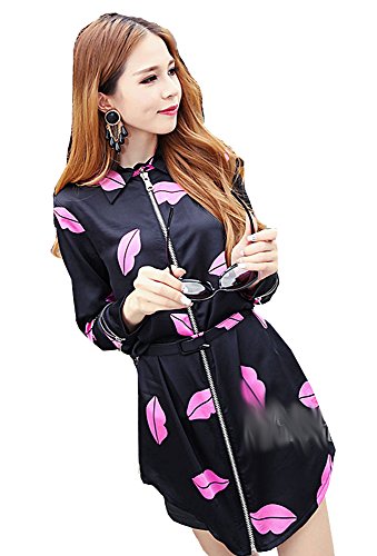 ワンピース リッププリント 唇 長袖 チュニック ジッパーワンピース エレガンス キュート カジュアル パーティ ２次会 レディース 秋物 冬物 可愛いスカーフ付き R332