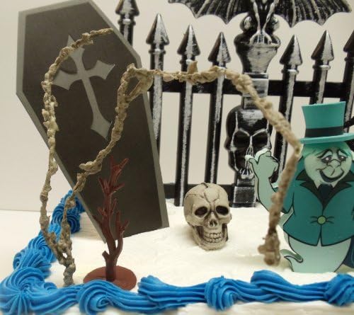 Haunted Mansion Birthday Cake Topper Set Featuring Hitchhiking Ghost and Themed Decorative Accessories - Cake Topper Set Includes All Items Shown
