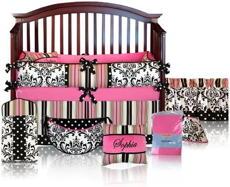 CUSTOM BOUTIQUE BABY BEDDING - Hot Pink Damask Polka Dot - Sophia 5 Pc Crib Bedding Set