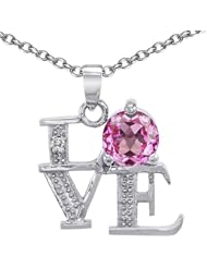 CandyGem 925 Sterling Silver Lab Created Round Pink Sapphire LOVE Pendant