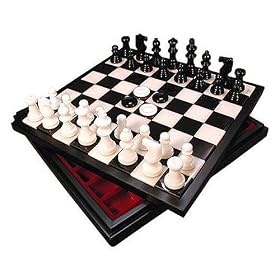 Black and White Alabaster Chess Set in Chest with Checkers by 