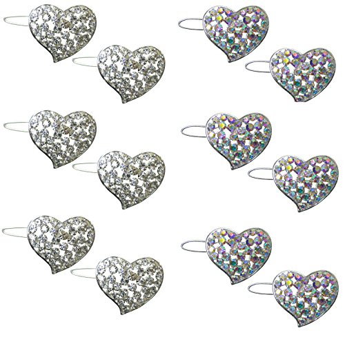Set of 6 Pairs of Crystal Heart Barrettes with Snap-On Clip for Thin Hair U86350-1887-6