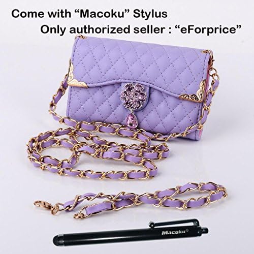 eForprice Multi-purpose Fashion Diamond Lattice Cell Phone Pouch Folio Flip PU Leather Case Wallet Cover for Apple iPhone 5 5S 5G with Multiple ID Card Holders & Long Strap & Money Pocket & Bling Flower Design - Purple