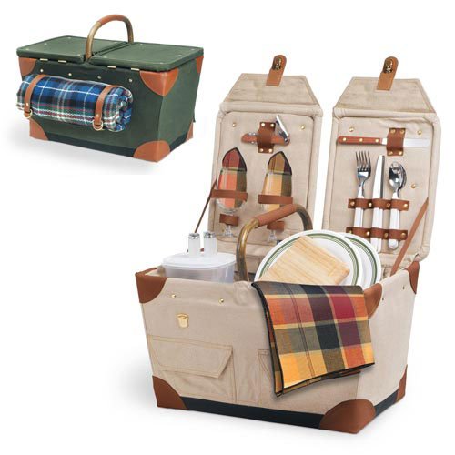 Picnic Time Pioneer Canvas Basket w/ Deluxe Service For 2 (Natural Canvas)