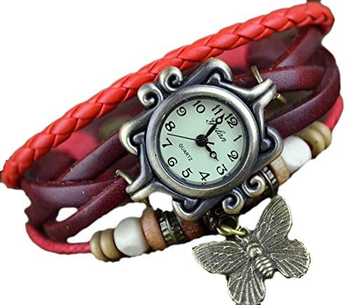 Boho Chic Vintage Inspired Bracelet Leather Rope Watch with Butterfly (Red)