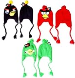 Angry Birds 3 Pcs. Set Plush Beanie Embroidered Laplander Earflap Winter Fleece Knit Ski Cap Hat / Officially Licensed Product By Rovio. Includes RED Bird , Bomb Black Bird & Green PIG Hats
