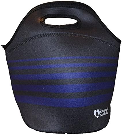 Reusable and Portable Neoprene Lunch Tote with Heavy Duty Zipper for Both Men and Women - Bag Designed to Stretch for Big Healthy Meals on the Go (Navy Blue Stripes)