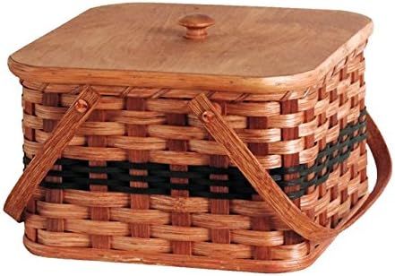 Amish Handmade Square Double Pie Basket w/Inside Tray, Lid, and Two Swinging Carrier Handles (Green w/o Liner, Large)