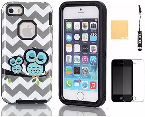iPhone 5C Case, LOTOO(TM) Heavy Duty Series Tough Rugged Dual Layer Protection Case Cover with Fashion Patten for Apple iPhone 5C ,with Screen Protector, Stylus and Cleaning Cloth Wave Owls Black