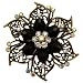 Acosta Brooches - Jet Black Bead & Crystal - Vintage Flower Brooch (Antique Gold Tone)