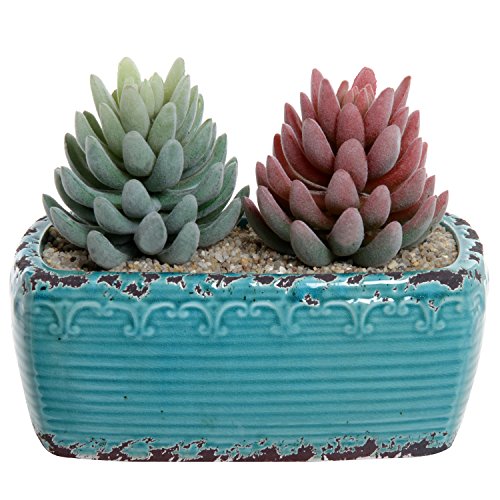 Rustic Vintage Style Turquoise Fleur De Lis Design Ceramic Plant Pot / Centerpiece Decor Planter - MyGift
